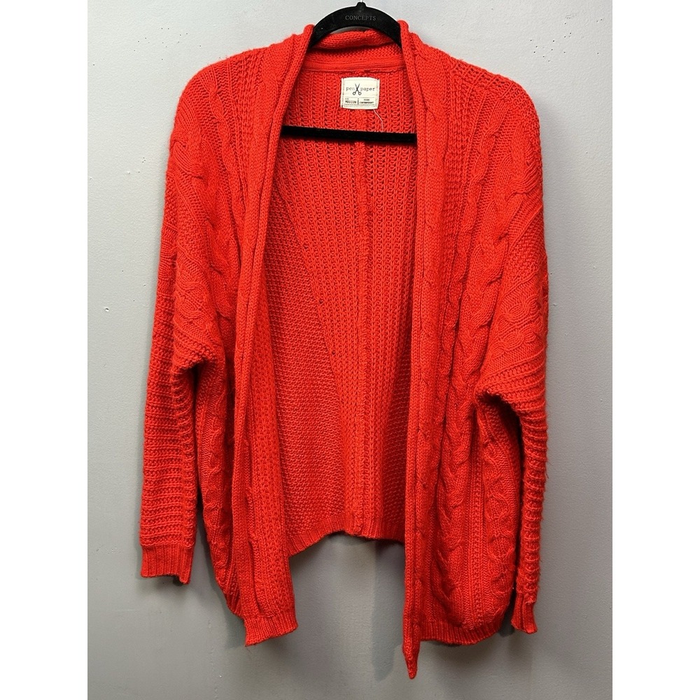 Pen & Paper Cardigan Womens Medium Red‎ Open Front Cable Knit Chunky Sweater